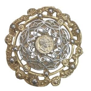 Etruscan Medallion Brooch Pin Vintage Napoleon Coin Round Open Work Filigree